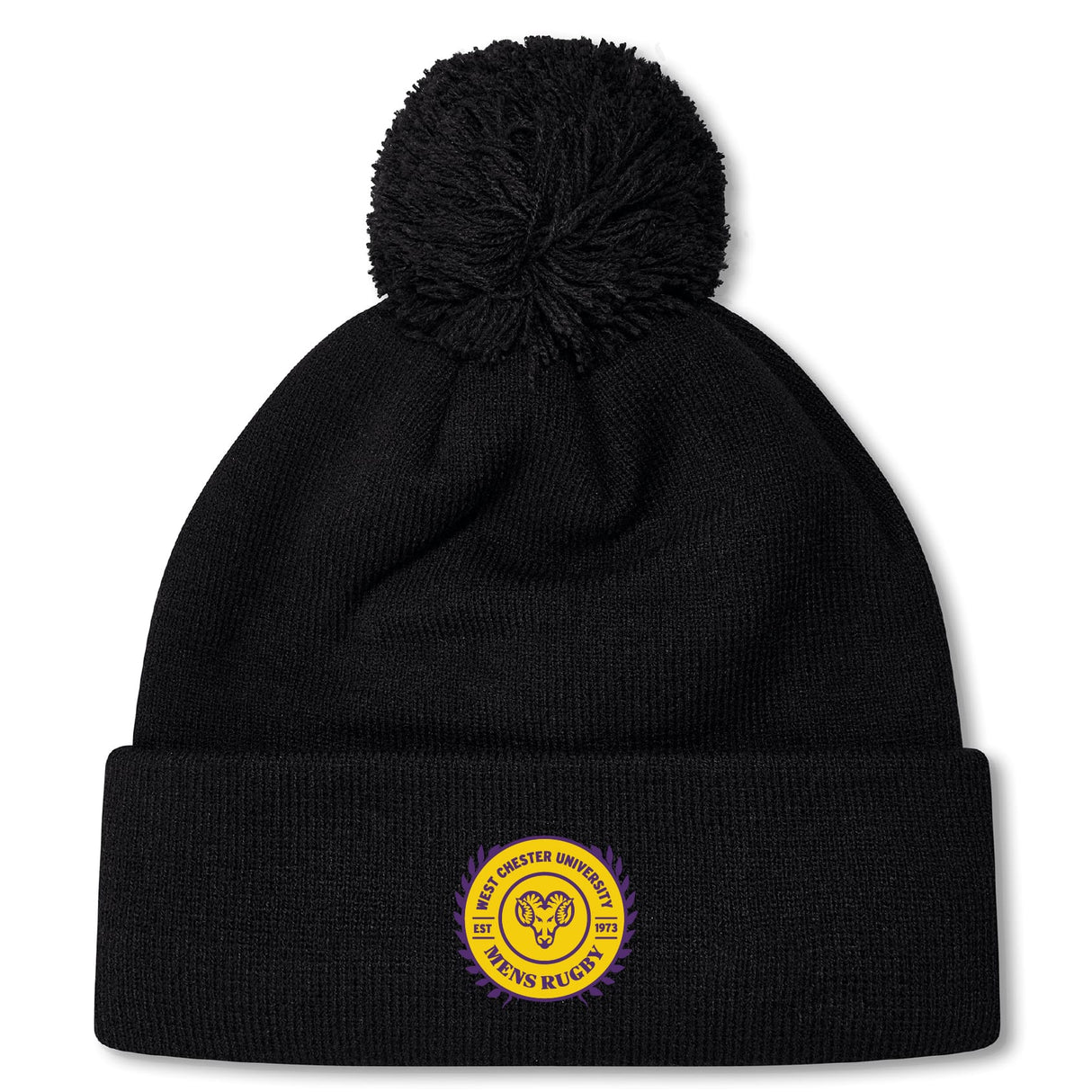 The West Chester University Pom Pom Beanie by EMB Canterbury is a black hat with a pom-pom, featuring a yellow and purple circular "West Chester University" patch on the front and a cozy fleece-lined interior for extra warmth.