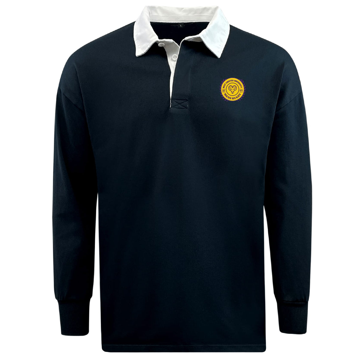 The EMB Mudoo West Chester University Classic Long Sleeve Solid Rugby Jersey features a navy blue design, white collar, long sleeves, and a yellow circular embroidered logo on the left chest.