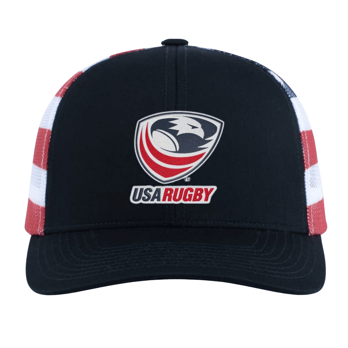 The EMB Augusta USA Rugby Crest Flag Cap is black and white with red and white striped sides, featuring the USA Rugby eagle logo and text on the front.