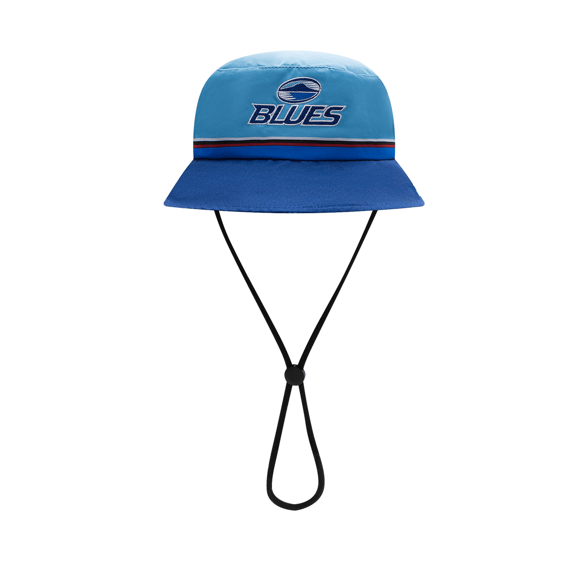 The Blues Super Rugby 25/26 Supporters Bucket Hat by Classic Sportswear showcases the "Blues" logo and includes a black chin strap, making it ideal for cheering on your favorite team.