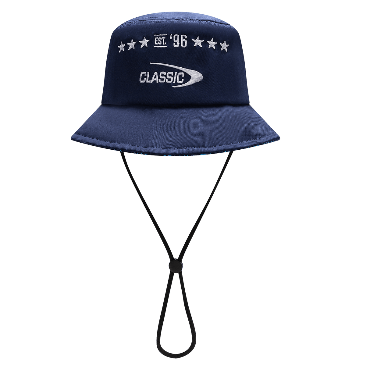 The Blues Super Rugby 25/26 Bucket Hat by Classic Sportswear features a chin strap, "Classic" and "EST '96" text, adorned with five stars for a timeless sportswear appeal.