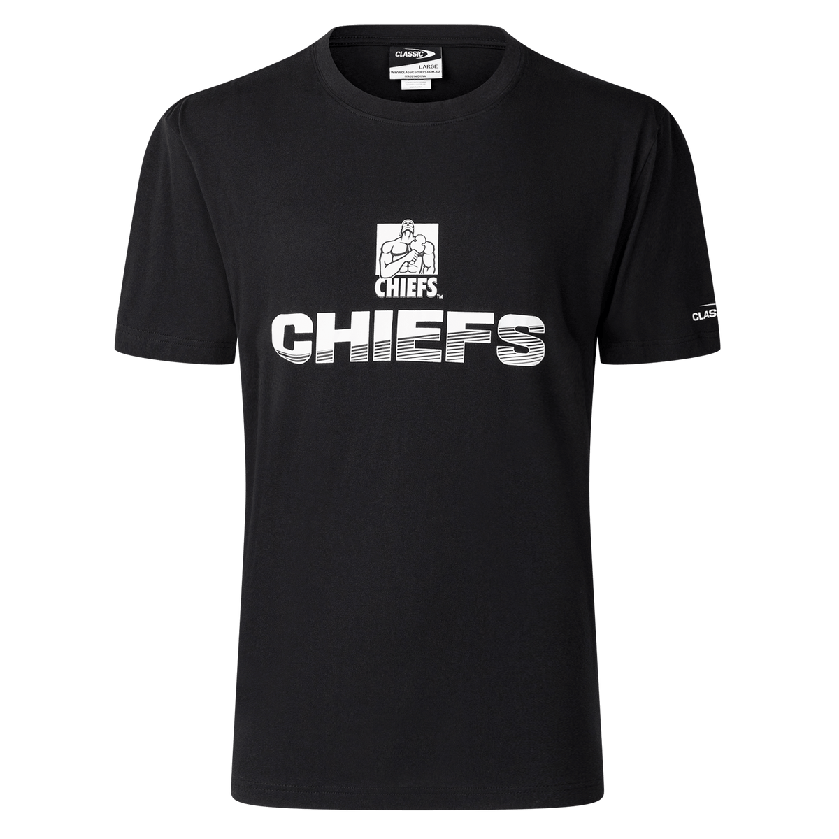 The Gallagher Chiefs Super Rugby Supporters Cotton Tee 25/26 by Classic Sportswear is a black cotton shirt with "CHIEFS" in large white letters and the Gallagher Chiefs logo above.