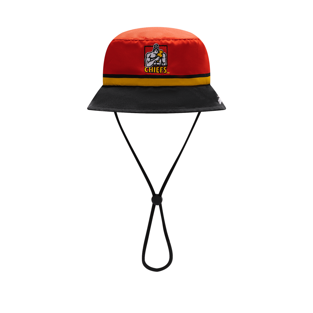 The Gallagher Chiefs Super Rugby Supporters Bucket Hat 25/26 by Classic Sportswear is red and black with a "Chiefs" logo on the front and an adjustable chin strap.