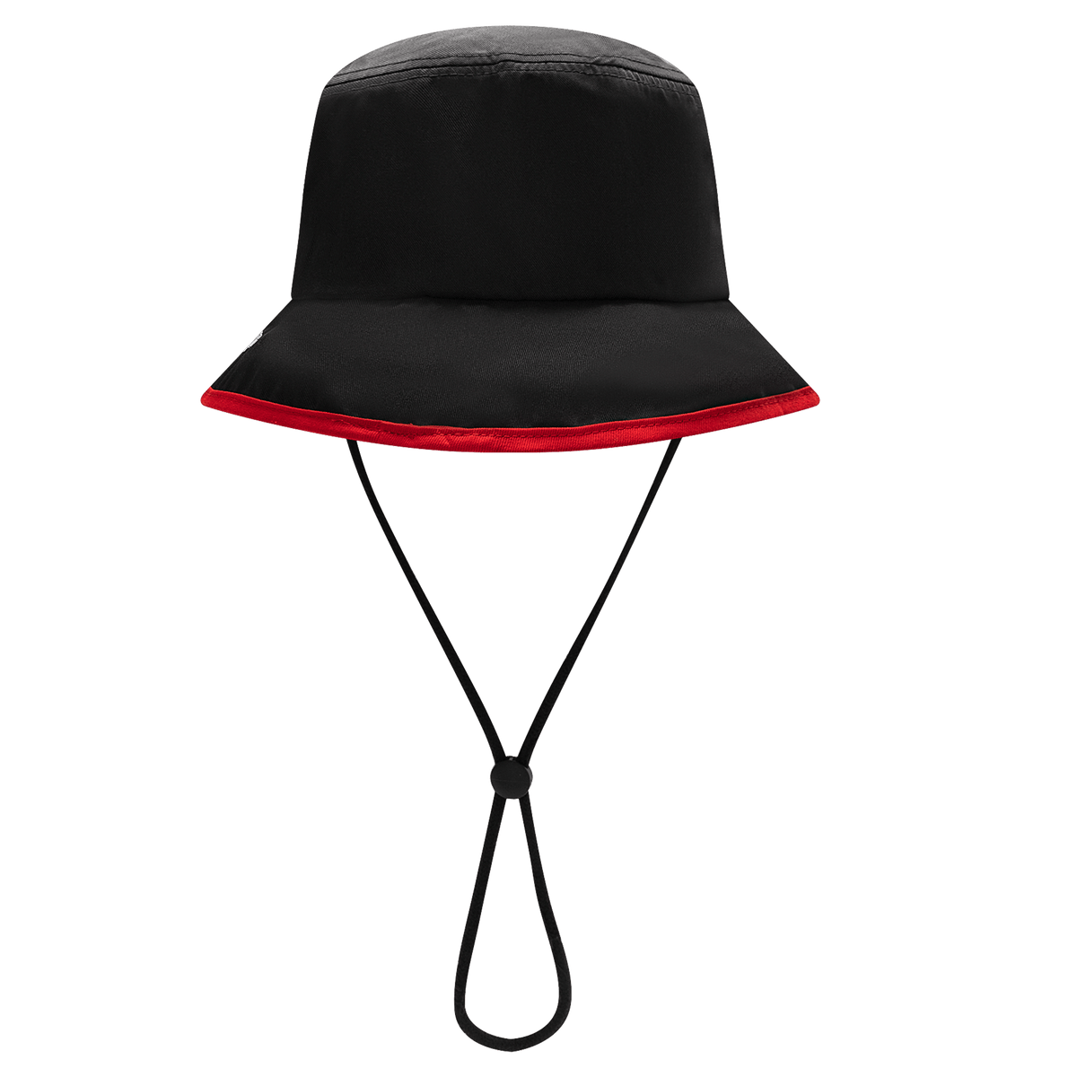 The Gallagher Chiefs Super Rugby Bucket Hat 25/26 by Classic Sportswear is black with a red rim and an adjustable chin strap for a perfect fit.