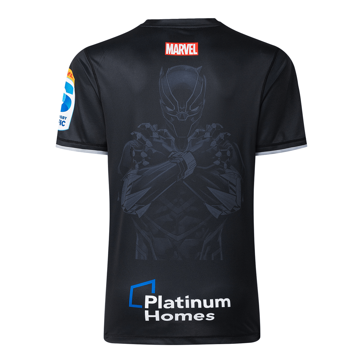The Limited Edition Gallagher Chiefs Super Rugby Marvel Collection Black Panther Warm-Up Tee by Classic Sportswear features a back view design inspired by the Chiefs' spirit, with a subtle Black Panther motif. It proudly displays the Marvel logo and sponsor Platinum Homes, merging athletic prowess and Te Ao Māori culture.