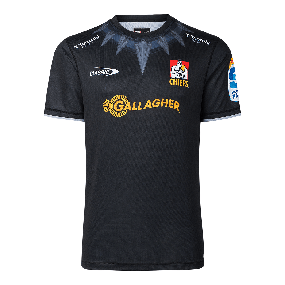 The Limited Edition Gallagher Chiefs Super Rugby Marvel Collection Black Panther Warm-Up Tee by Classic Sportswear showcases gray patterns, sponsor logos including "Gallagher" and "Classic," sleeve logos with a stylized bird, and a red, black, and yellow emblem honoring Te Ao Māori culture.