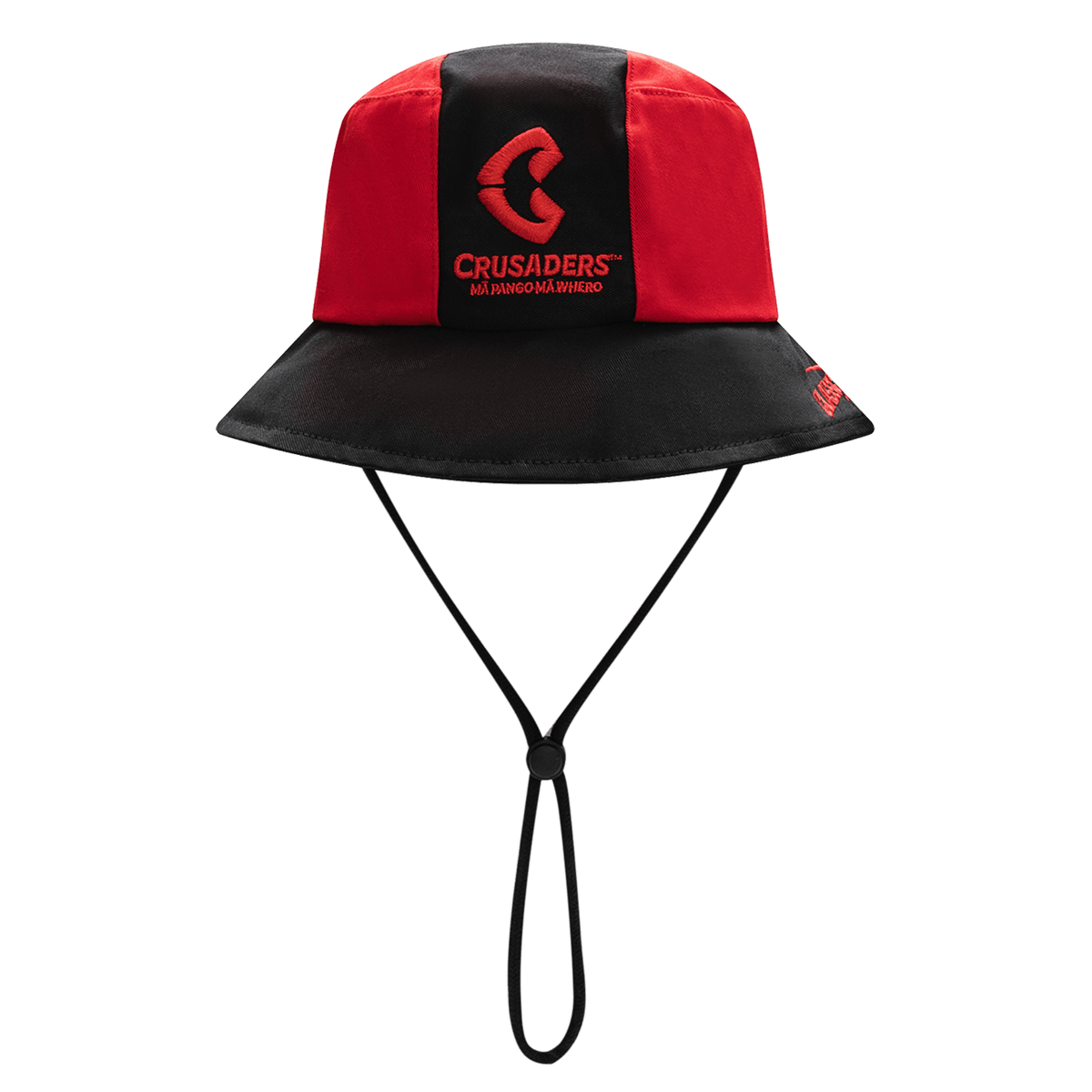The Crusaders Super Rugby Bucket Hat 25/26 by Classic Sportswear features red and black colors, an embroidered Crusaders logo and branding, and a convenient chin strap for a secure fit.