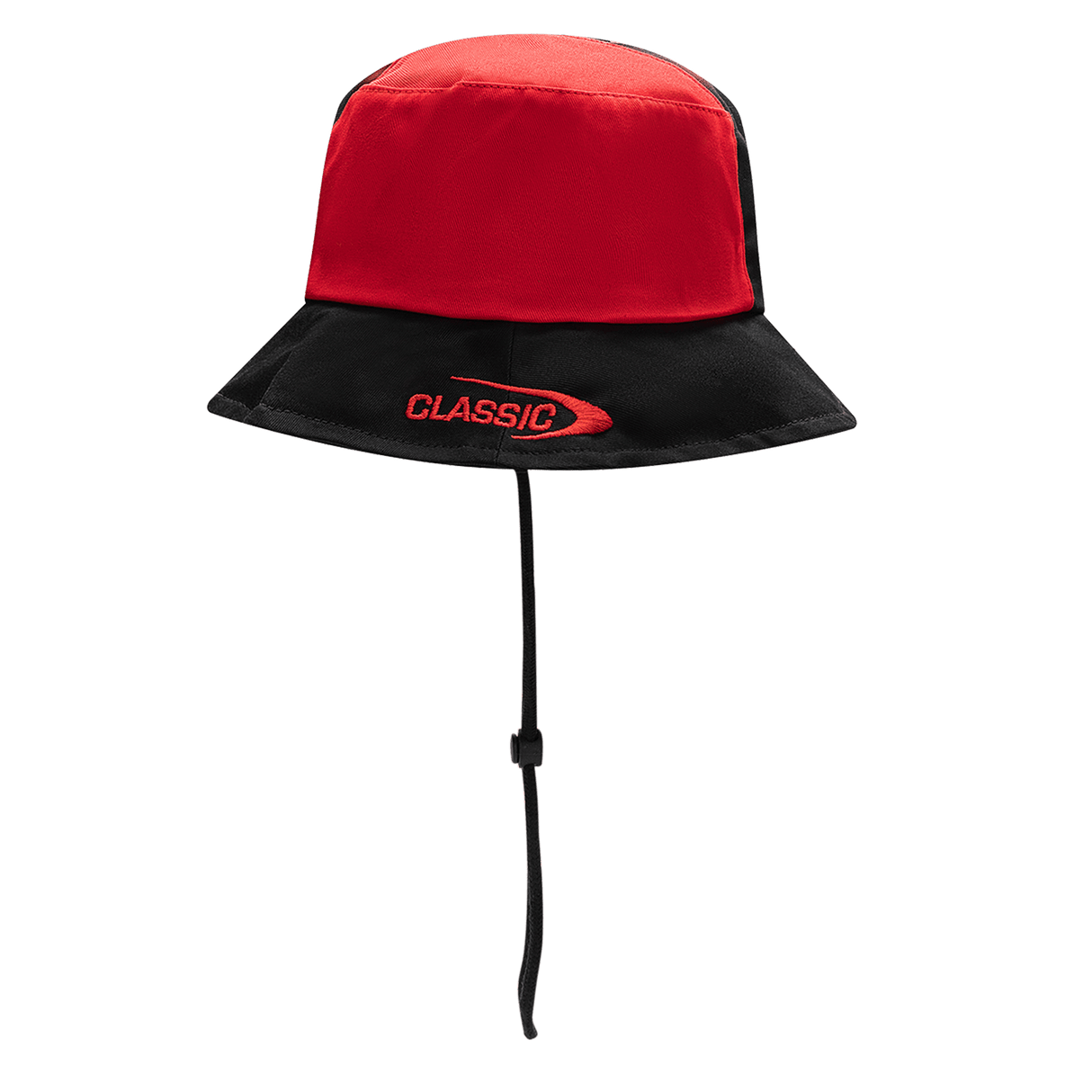 The Crusaders Super Rugby Bucket Hat 25/26 by Classic Sportswear is a stylish red and black hat with a chin strap and "CLASSIC" embroidered on the front, ideal for sports enthusiasts.