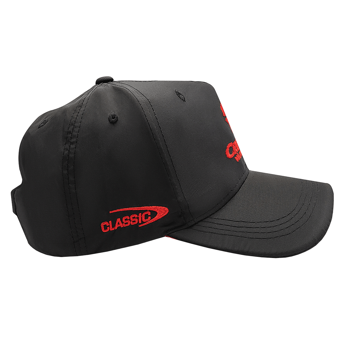 The Crusaders Super Rugby Media Cap 25/26 by Classic Sportswear is a stylish black cap with red embroidered branding and an adjustable strap, made from quick-drying polyester for extra comfort.