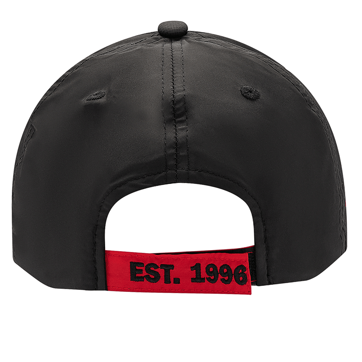 Introducing the Crusaders Super Rugby Media Cap 25/26 by Classic Sportswear: a sleek black cap crafted from quick-drying polyester, featuring a red adjustable strap and "EST. 1996" in bold red letters with embroidered branding for added style.