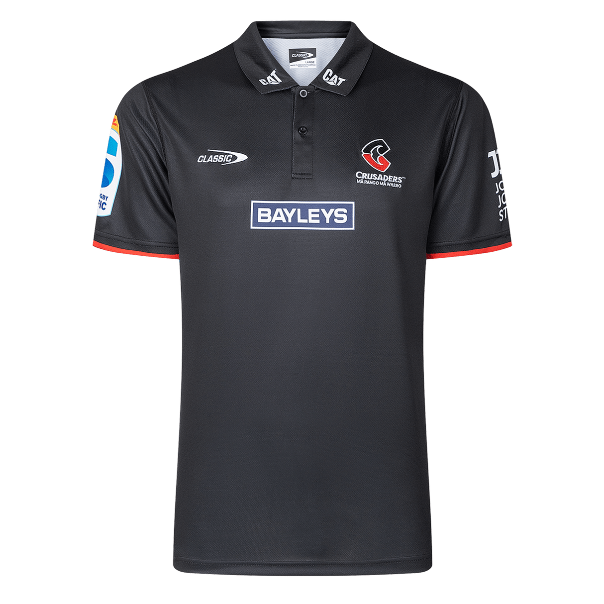 The Crusaders Super Rugby Team Polo 25/26 by Classic Sportswear, made from moisture-wicking fabric, showcases embroidered Bayleys and Crusaders logos on the front and sleeves.