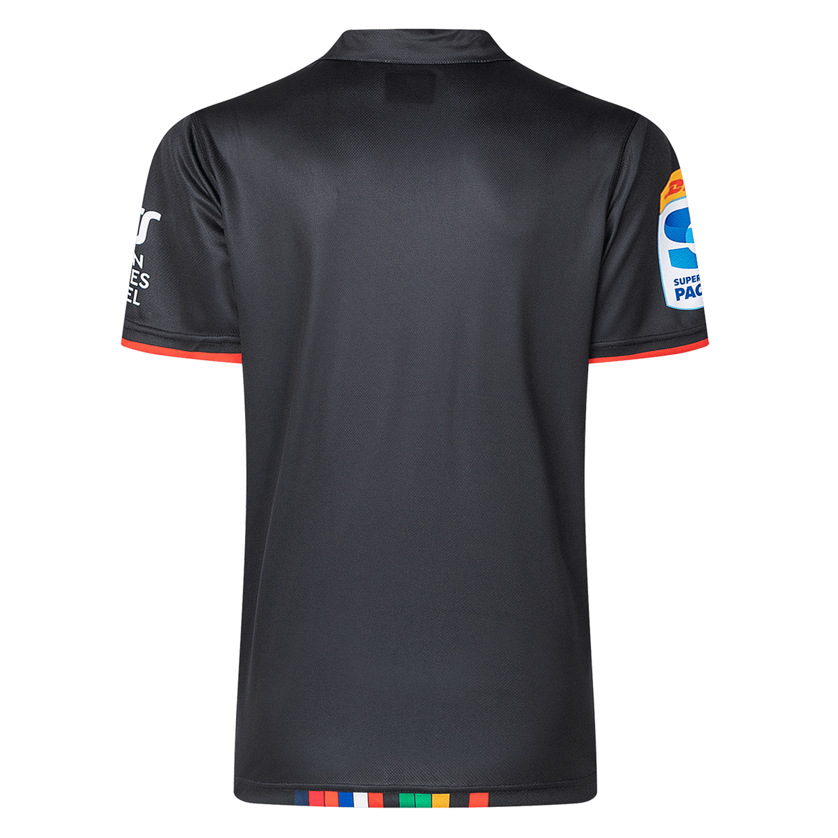 The back view of the Crusaders Super Rugby Team Polo 25/26 by Classic Sportswear highlights a black sports jersey made from moisture-wicking fabric, with colorful trim on the hem and sleeves, and embroidered sponsor logos.
