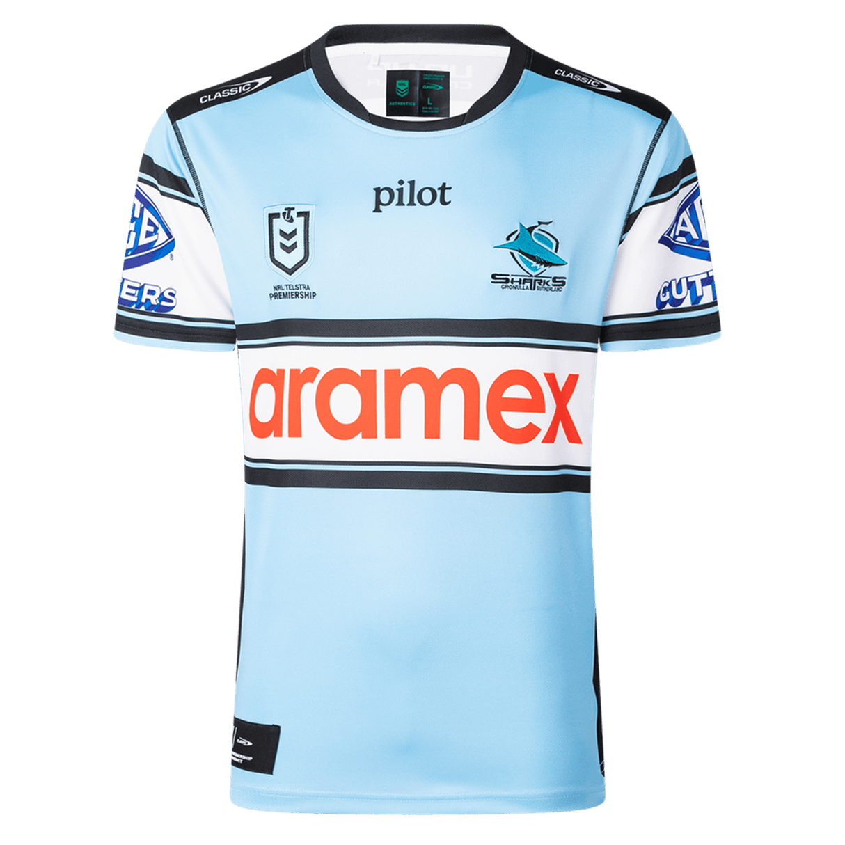 The Sharks NRL 26/27 Replica Home Jersey by Classic Sportswear is light blue with black, white, and blue stripes, featuring the Cronulla Sharks logo, NRL Premiership logo, and "aramex" sponsor across the chest.