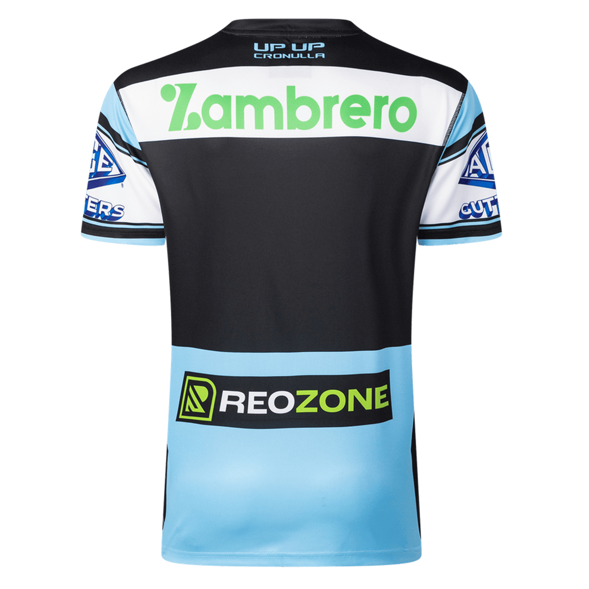Rear view of the Sharks NRL 26/27 Replica Home Jersey by Classic Sportswear in black, white, and light blue, featuring Zambrero and Reozone logos plus sponsor logos on the sleeves.