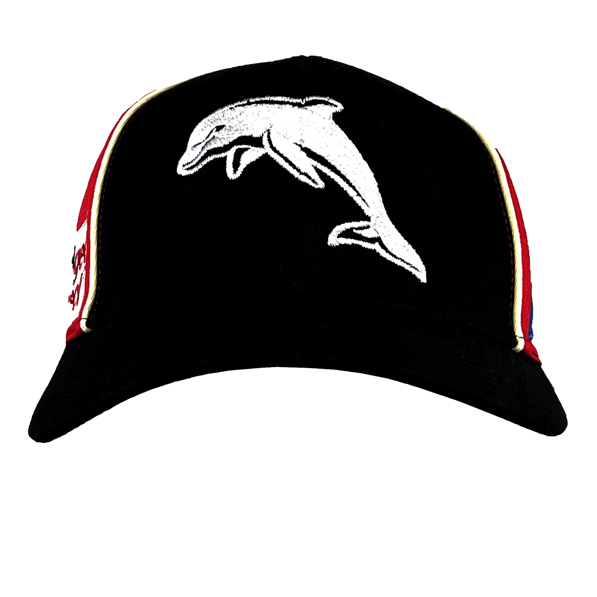 Check out the Dolphins NRL 25/26 Media Cap by Classic Sportswear: a black cap with a white embroidered dolphin on the front, red and blue side panels, and yellow trim. Ideal for stylish NRL fans eager to support their team with flair!.