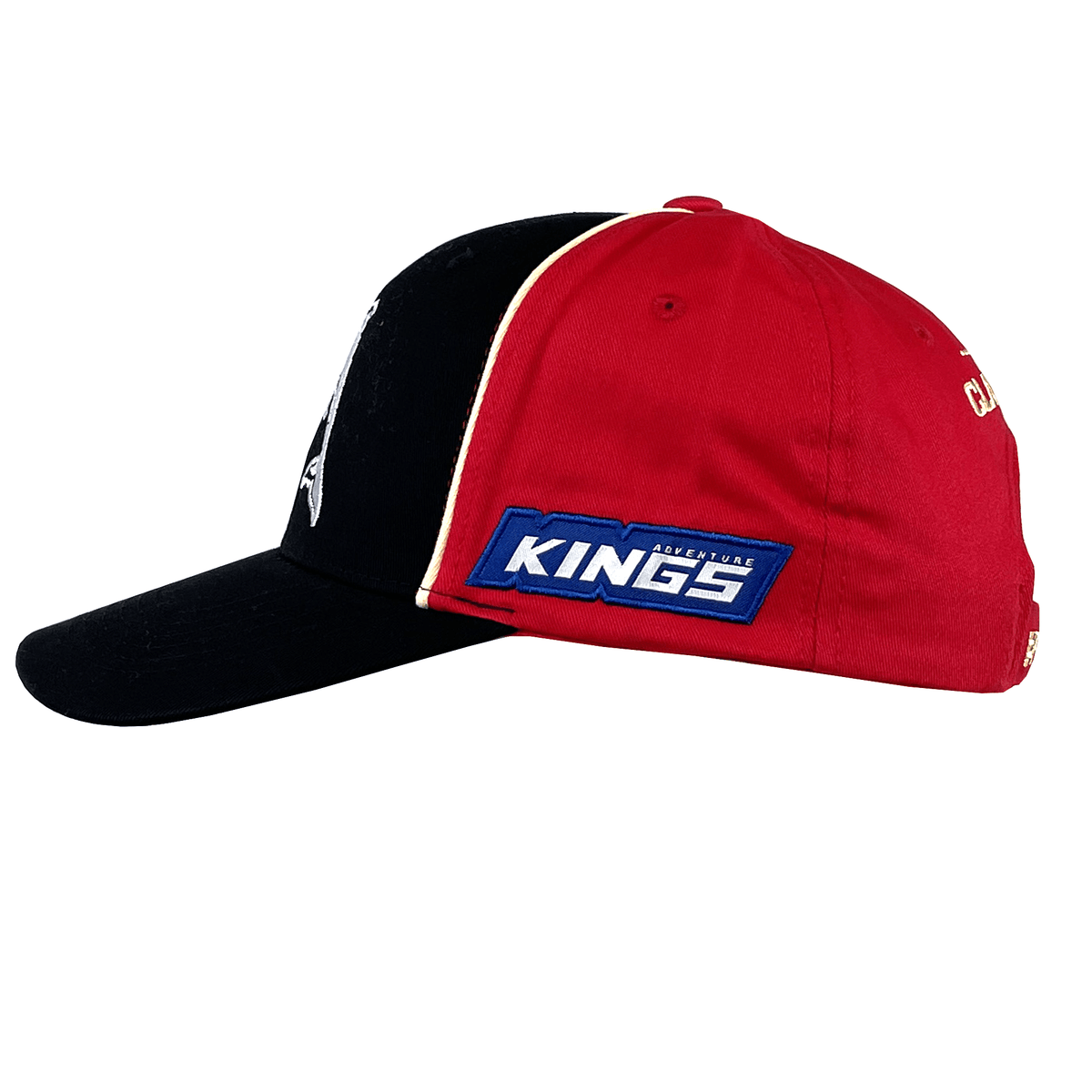 The Dolphins NRL 25/26 Media Cap by Classic Sportswear, featuring a red and black design with a "Kings" logo on the side, is perfect for sports enthusiasts.