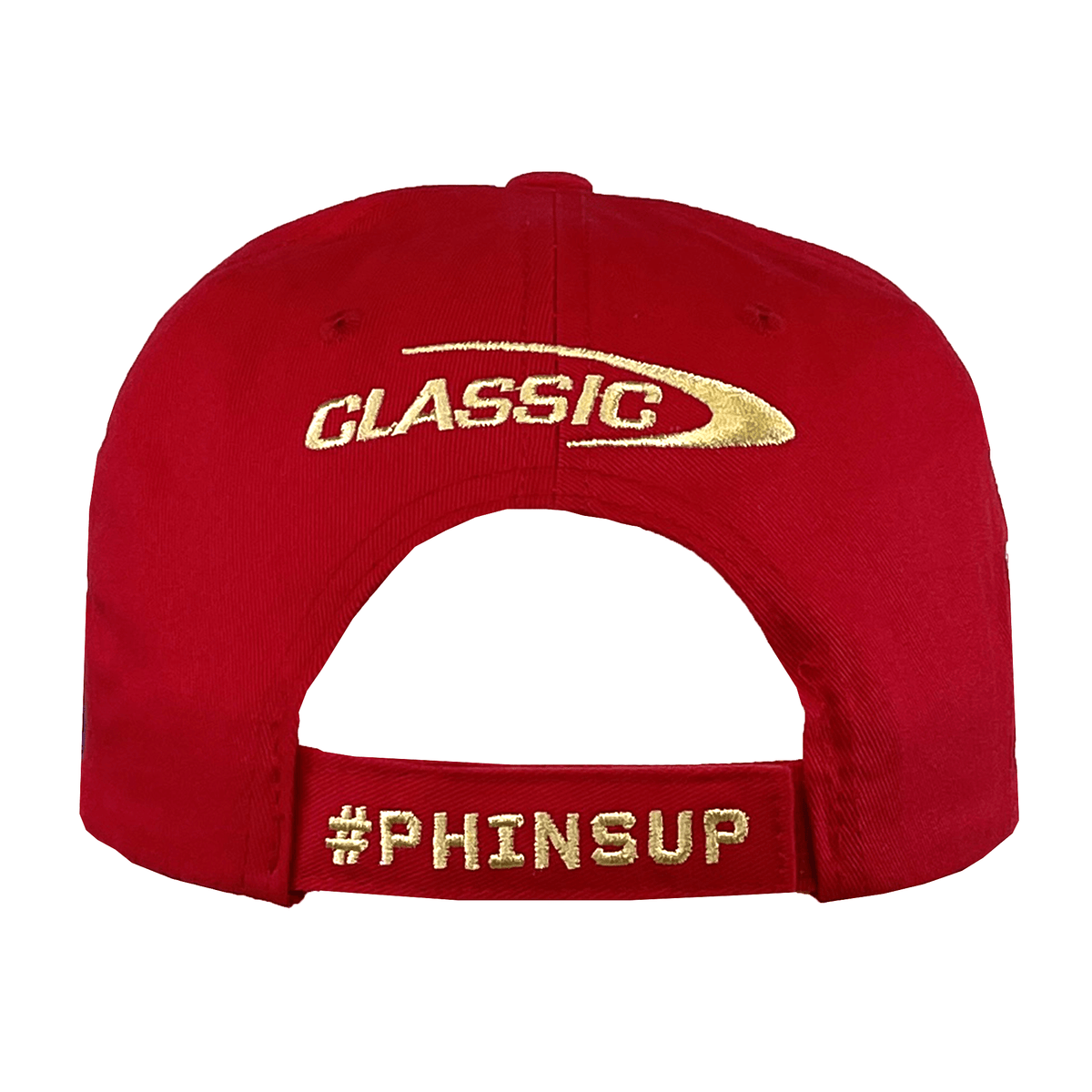 The Dolphins NRL 25/26 Media Cap by Classic Sportswear is a red baseball cap with a gold embroidered "CLASSIC" logo and "#PHINSUP" on the back strap, echoing iconic NRL Dolphins fandom caps.