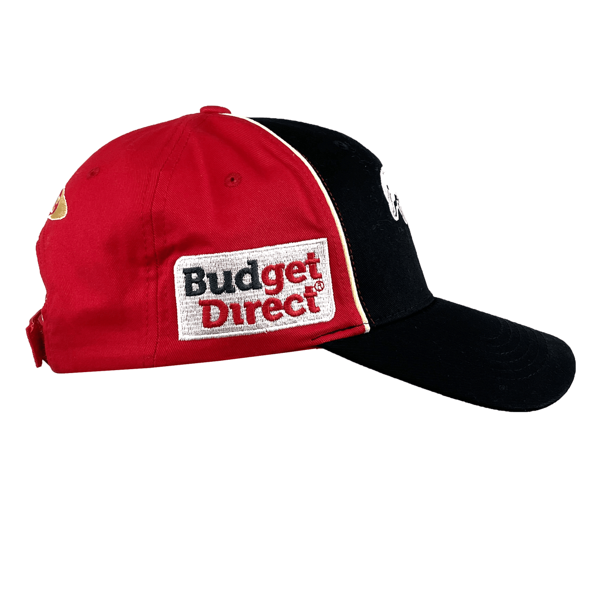 The Dolphins NRL 25/26 Media Cap by Classic Sportswear is a stylish red and black baseball cap featuring the "Budget Direct" logo, perfect for NRL fans and style enthusiasts.