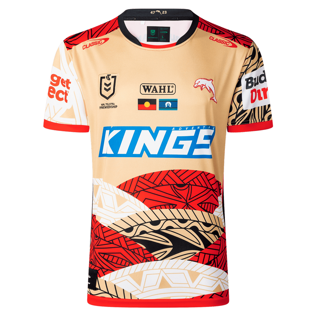 The Dolphins Indigenous NRL 25/26 Replica Jersey by Classic Sportswear features gold, red, black, and white patterns, multiple sponsor logos, and a dolphin emblem for a stylish display of team pride.