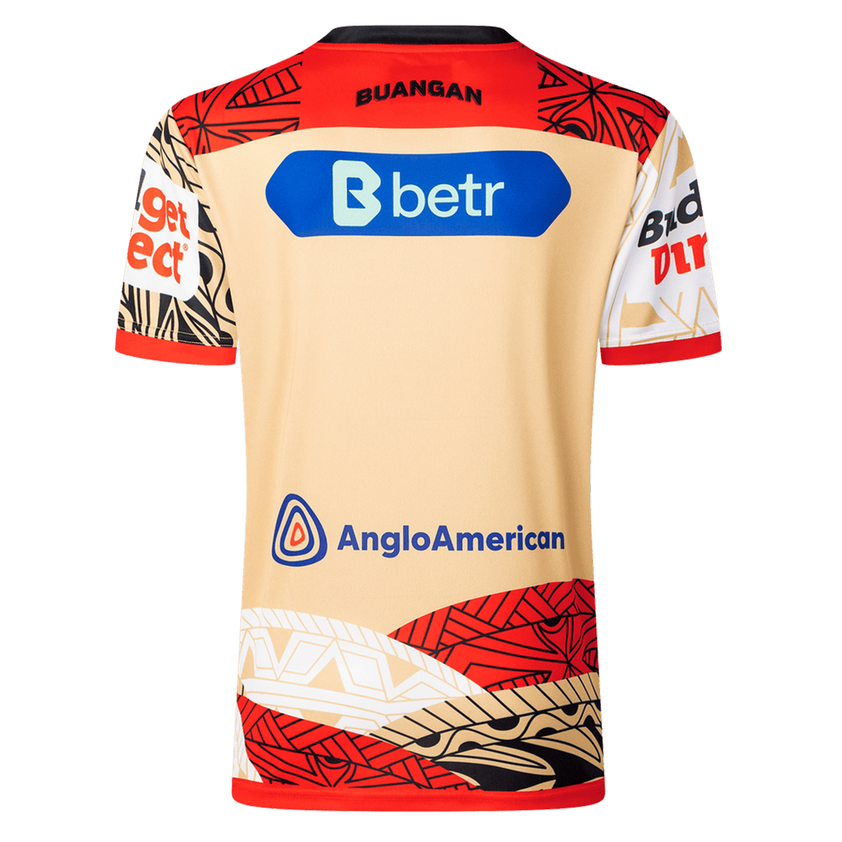 Back view of a beige and red Dolphins Indigenous NRL 25/26 Replica Jersey by Classic Sportswear featuring "BUANGAN" at the top and sponsor logos, such as Betr and AngloAmerican.