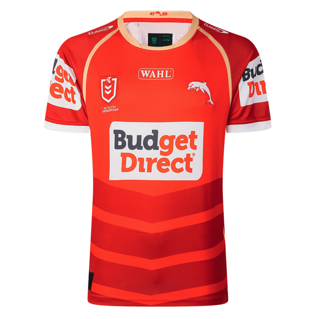 Show your support on game day with the Dolphins NRL 26/27 Replica Home Jersey by Classic Sportswear, featuring red fabric with white and orange accents, "Budget Direct" main sponsor logo, and authentic details.