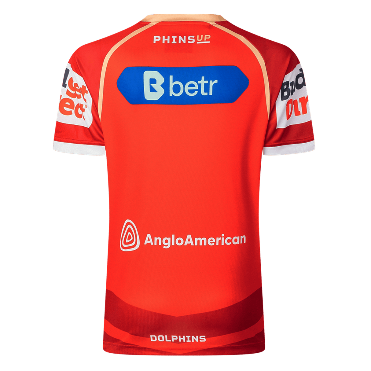 The Dolphins NRL 26/27 Replica Home Jersey by Classic Sportswear features a red back with sponsor logos like Betr, Anglo American, and Bidvest, plus "DOLPHINS" at the bottom—a genuine Classic Sportswear replica.
