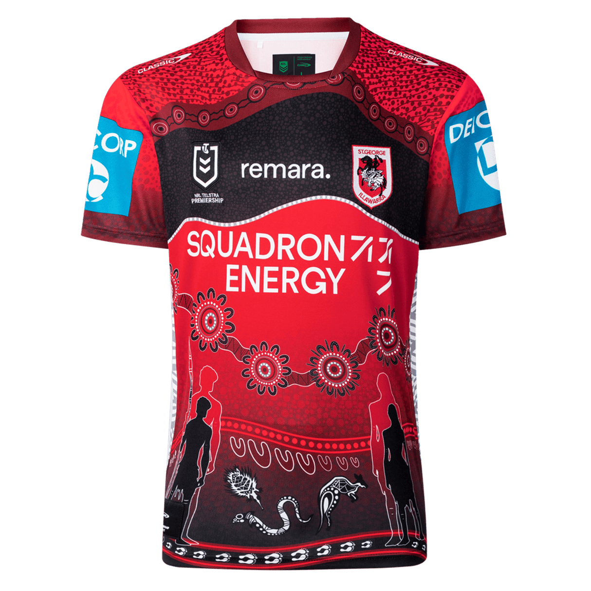 The Dragons Indigenous NRL 25/26 Replica Jersey by Classic Sportswear features striking Indigenous art, sponsor logos, and people silhouettes—a true celebration of heritage.
