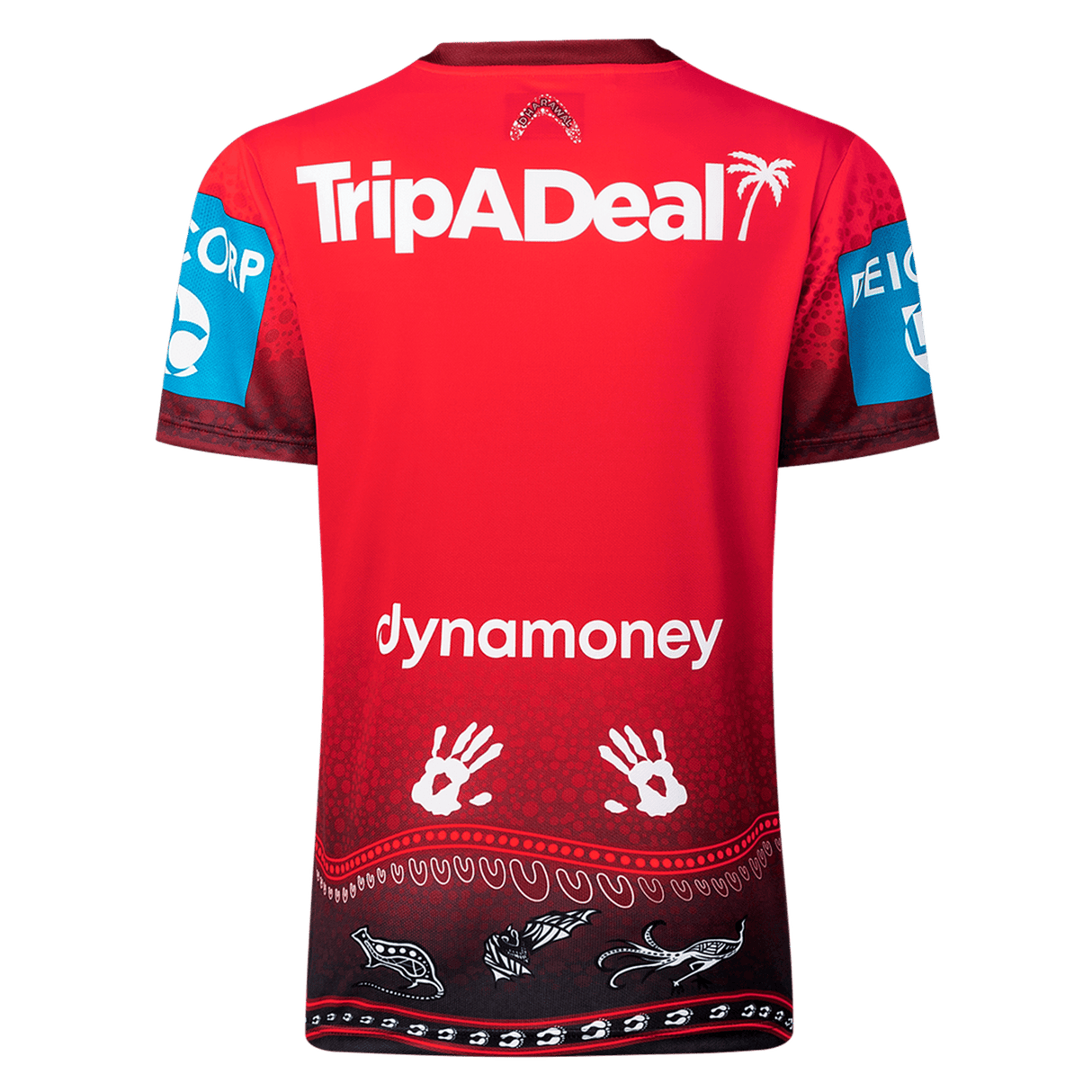 The back of the Dragons Indigenous NRL 25/26 Replica Jersey by Classic Sportswear features "TripADeal" and "dynamoney" logos, handprint graphics, blue sponsor patches, and a patterned black trim at the bottom.