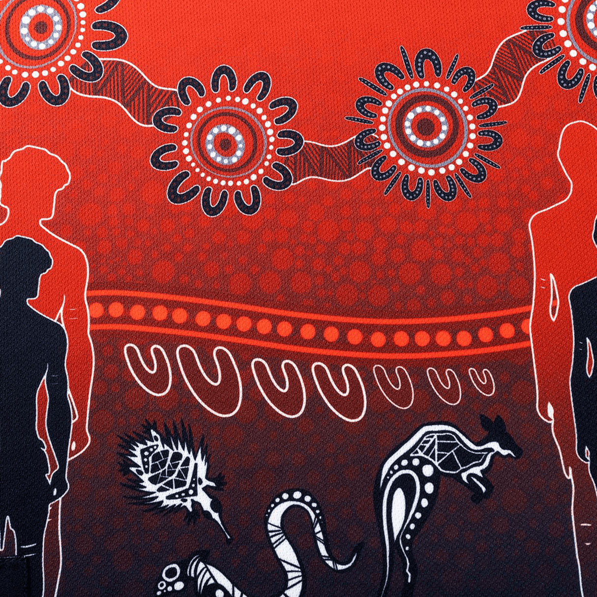 Abstract art with silhouetted figures, floral patterns, wavy lines, and animal motifs on a red gradient background—capturing the vibrant style of the Dragons Indigenous NRL 25/26 Replica Jersey by Classic Sportswear.