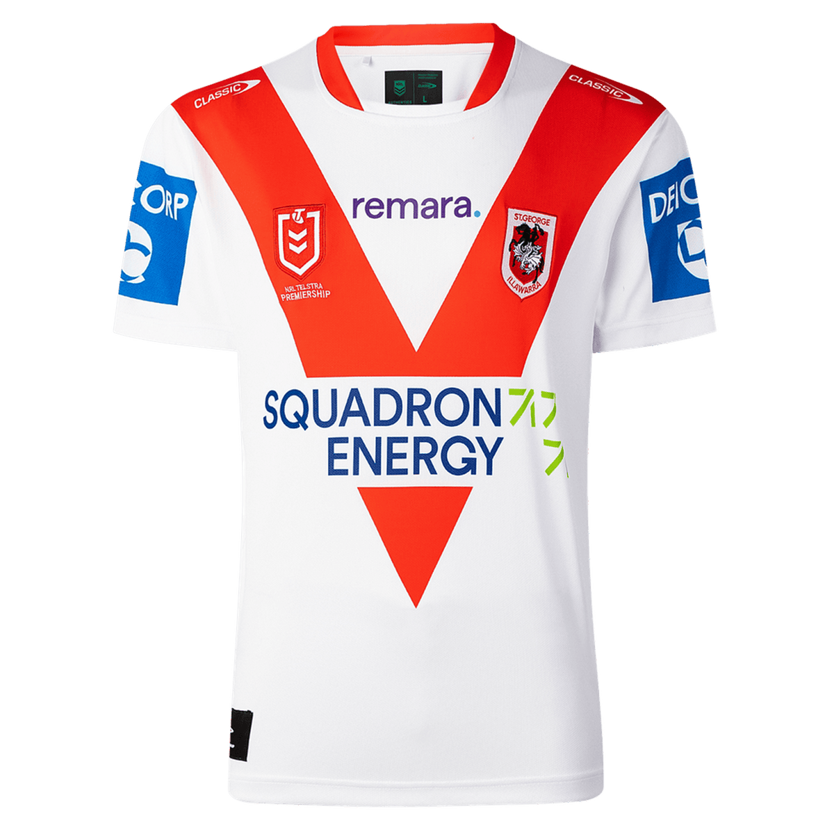 The Dragons NRL 26/27 Replica Home Jersey by Classic Sportswear features classic white with red V-stripes, sponsor logos, and the St. George Illawarra Dragons emblem—a must-have jersey for loyal fans.