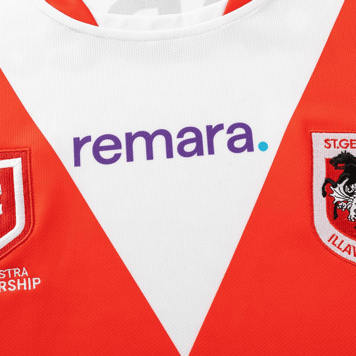Close-up of the Dragons NRL 26/27 Replica Home Jersey by Classic Sportswear, featuring the "remara." logo and the St. George Illawarra club crest.