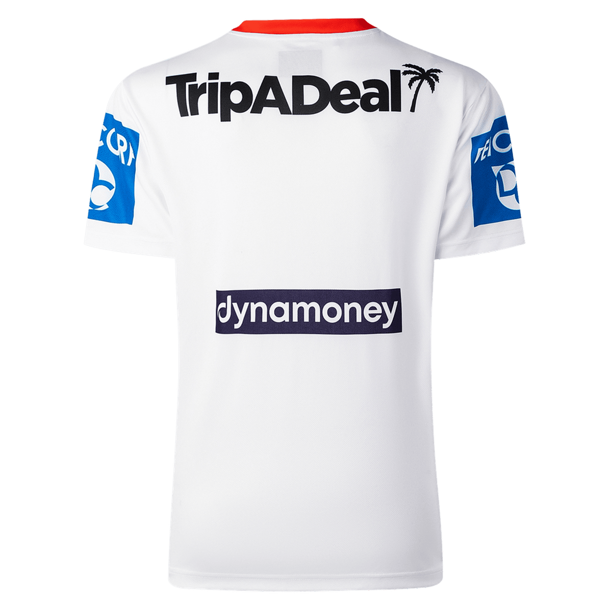The Dragons NRL 26/27 Replica Home Jersey by Classic Sportswear features "TripADeal" on the upper back, "dynamoney" in the center, blue sleeve logos, and Classic Sportswear branding—ideal for passionate Dragons fans.