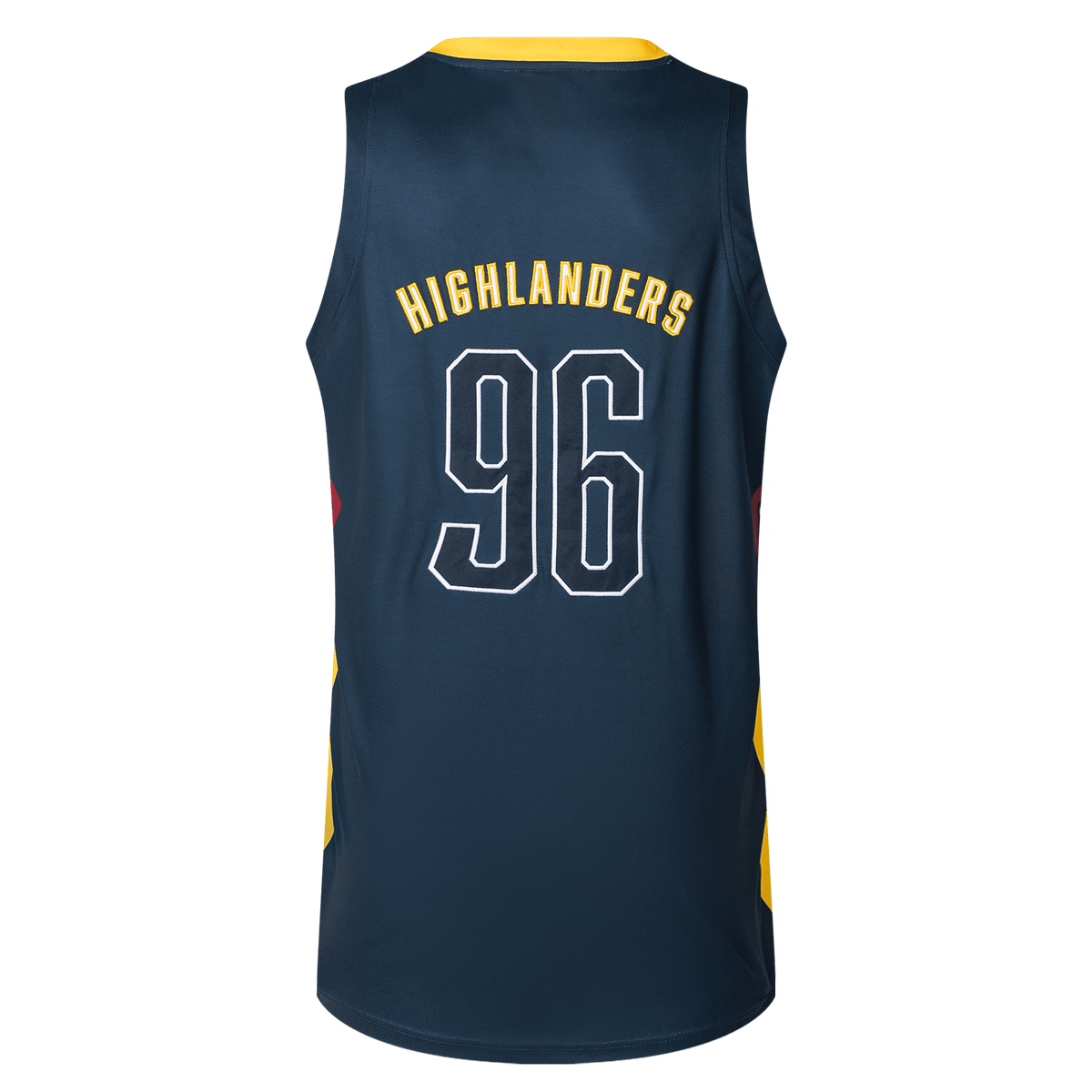The Highlanders Super Rugby 25/26 Supporters Basketball Singlet by Classic Sportswear showcases "HIGHLANDERS" and the number "96" in bold white and yellow on a navy blue background. Perfect for fans, it captures the spirit of timeless design and quality.