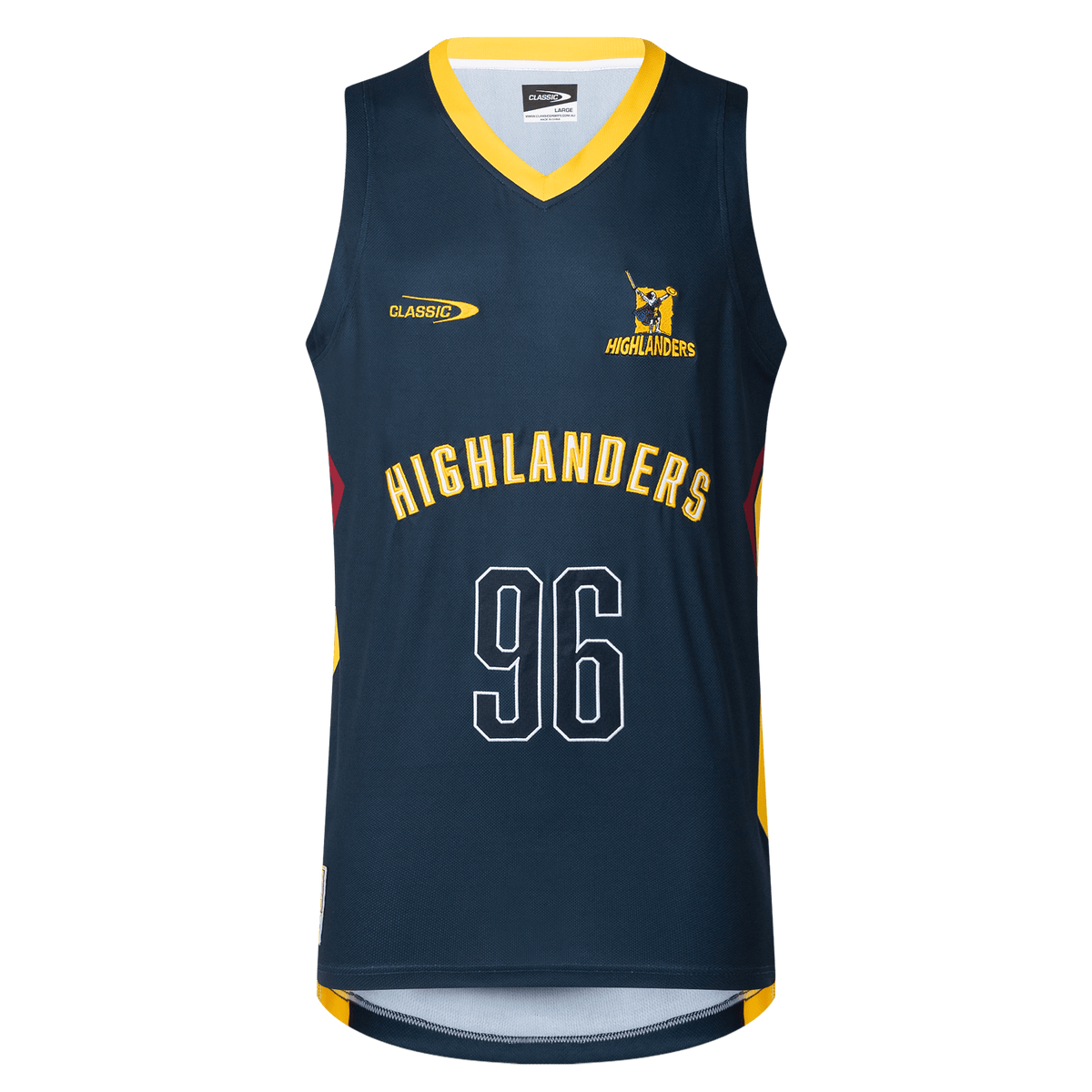 The Huglanders Super Rugby 25/26 Supporters Basketball Singlet by Classic Sportswear features a navy blue design with a yellow collar. The "Highlanders" logo, the number "96," and "Highlanders" text decorate the chest, making it an essential piece for fans.