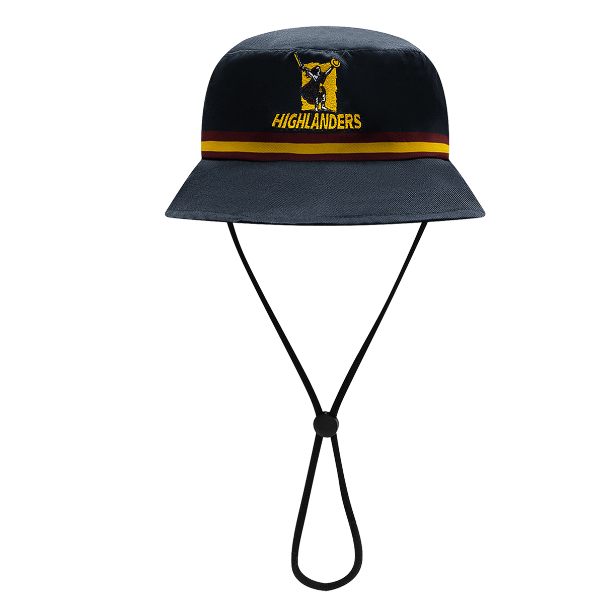 The Highlanders Super Rugby 25/26 Supporters Bucket Hat by Classic Sportswear features a "Highlanders" logo with maroon and yellow stripes on navy blue. Perfect for rugby fans, it includes an adjustable chin strap for the ideal fit.