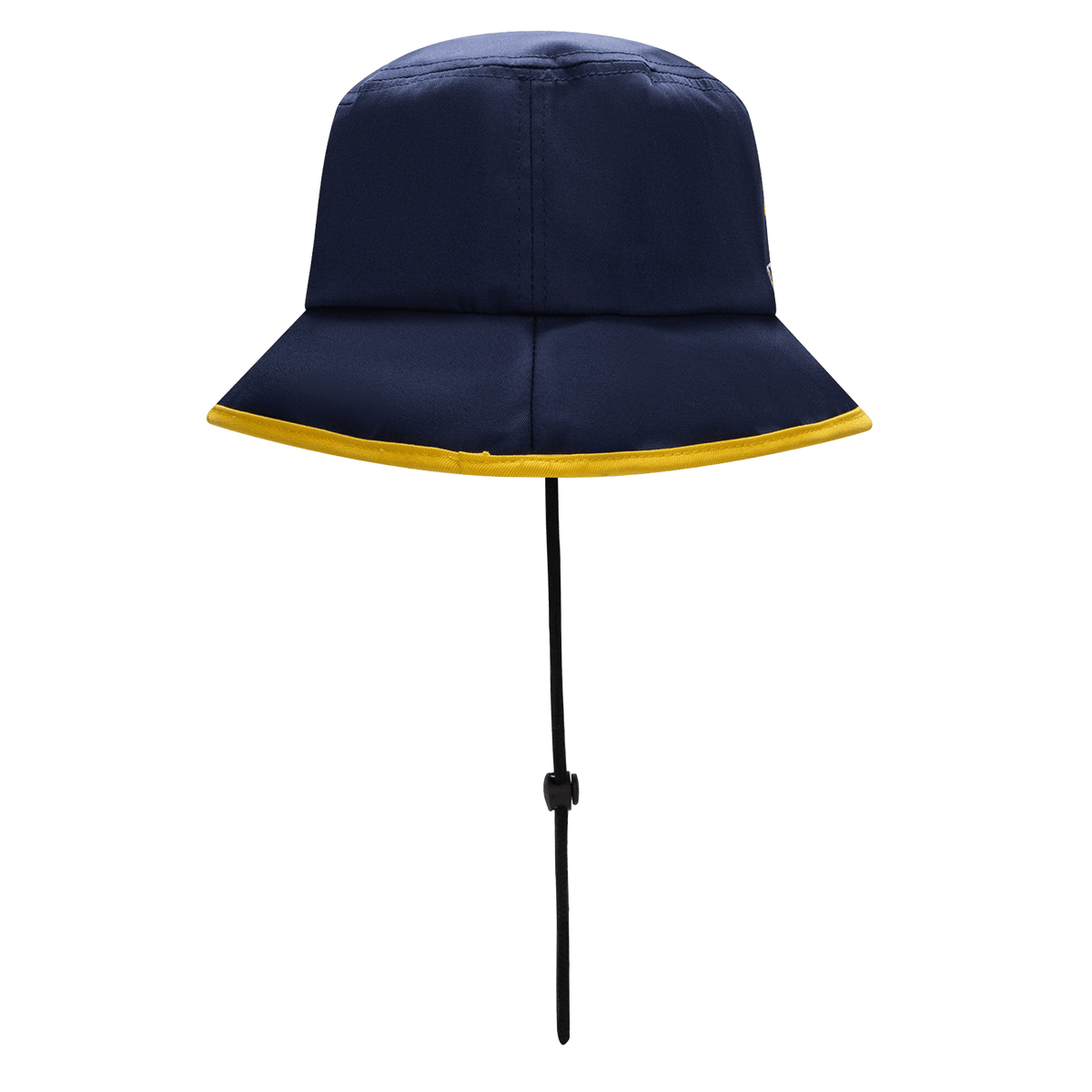 The Highlanders Super Rugby Bucket Hat 25/26 by Classic Sportswear is a navy poly hat with wide brim, yellow trim, embroidered logos, and an under-chin strap for secure fitting.