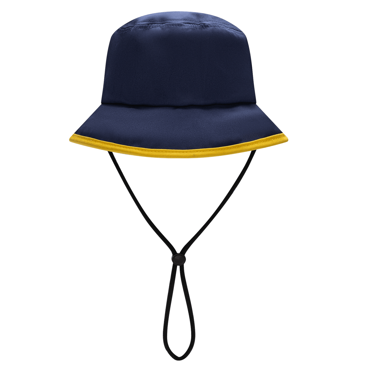 The Highlanders Super Rugby Bucket Hat 25/26 by Classic Sportswear features a navy blue design with a yellow rim, embroidered logos, and an adjustable black chin strap—perfect for any Highlanders fan.