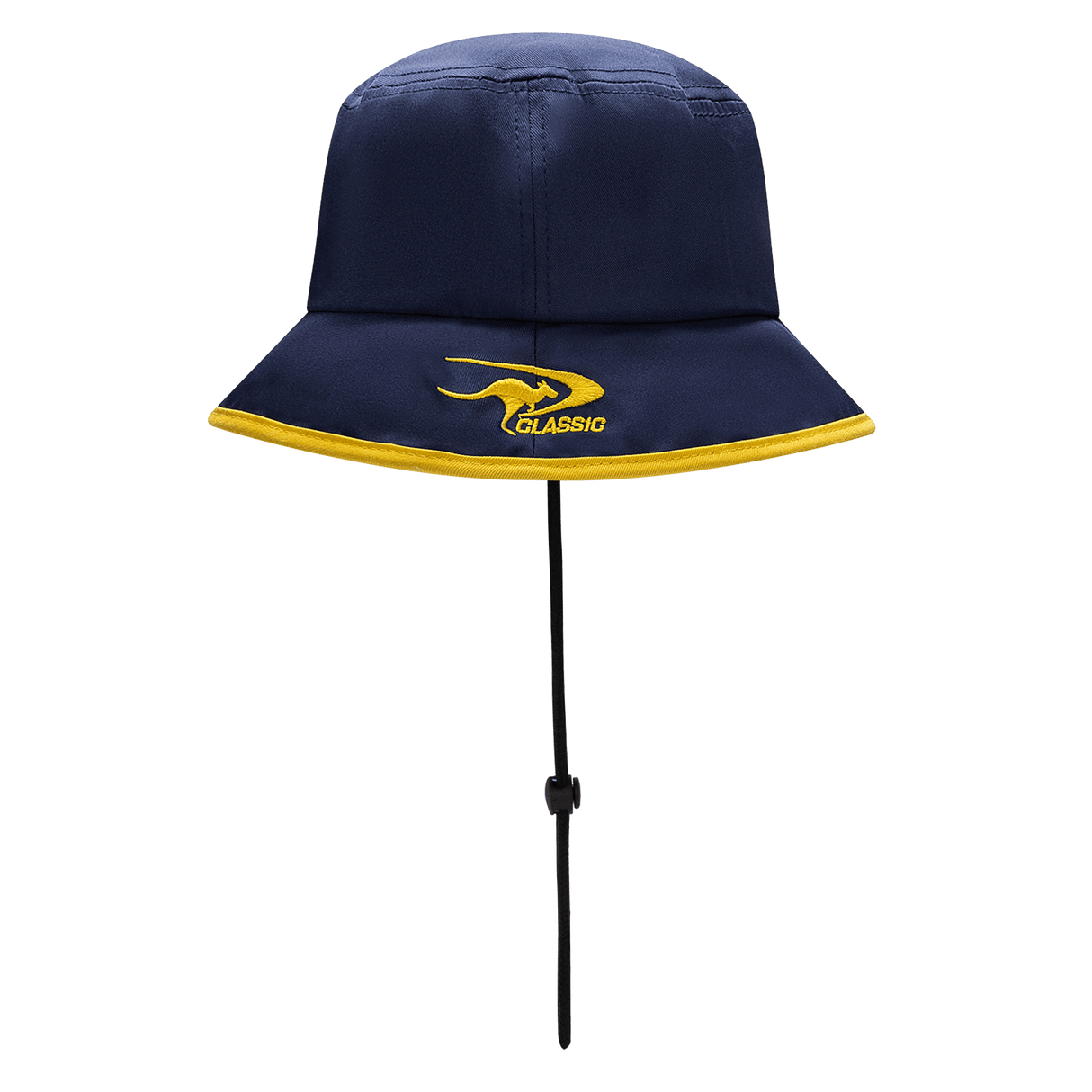 The Highlanders Super Rugby Bucket Hat 25/26 by Classic Sportswear is a navy blue poly hat with a yellow brim, featuring an embroidered boomerang logo and "Classic," blending functional sporty style inspired by Highlanders rugby.