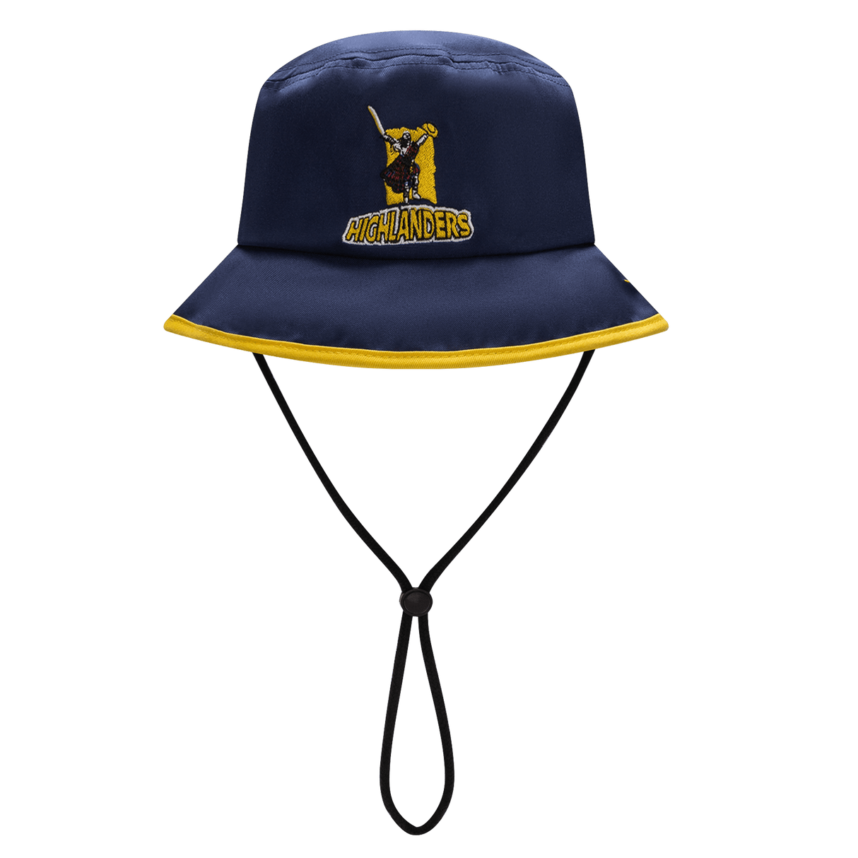 The Highlanders Super Rugby Bucket Hat 25/26 by Classic Sportswear features a navy finish, an embroidered yellow and blue "Highlanders" rugby logo, and a stylish buckle strap.