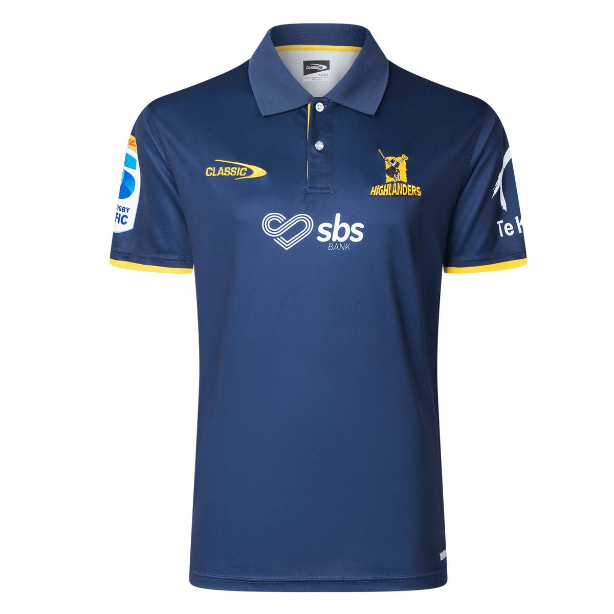 The Highlanders Super Rugby Team Polo 25/26 by Classic Sportswear is a navy rugby polo with moisture-wicking fabric, featuring yellow accents, the "Highlanders" logo, "sbs bank" logo, and sponsor patches on the sleeves. Ideal for fans seeking comfort and style.