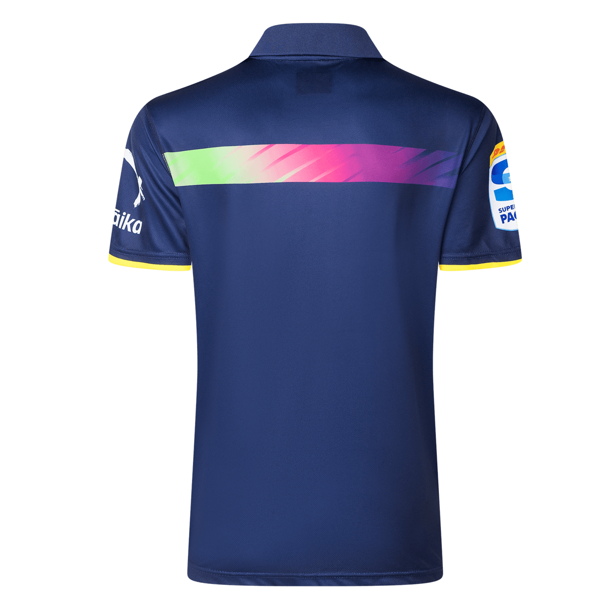 The Highlanders Super Rugby Team Polo 25/26 by Classic Sportswear is a navy sports jersey made from moisture-wicking fabric, featuring a colorful gradient stripe on the back and Highlanders logos on the sleeves.