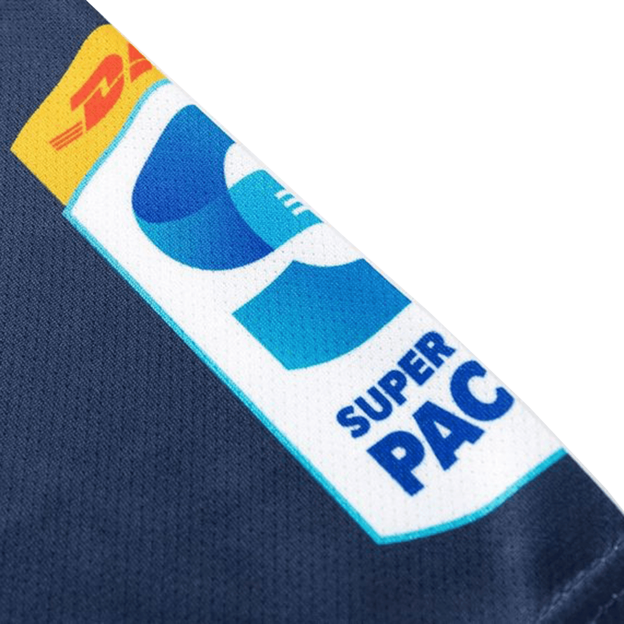 Close-up of a fabric patch featuring the DHL logo and "Super PAC," crafted from moisture-wicking material for comfort, similar to the Highlanders Super Rugby Team Polo 25/26 by Classic Sportswear.