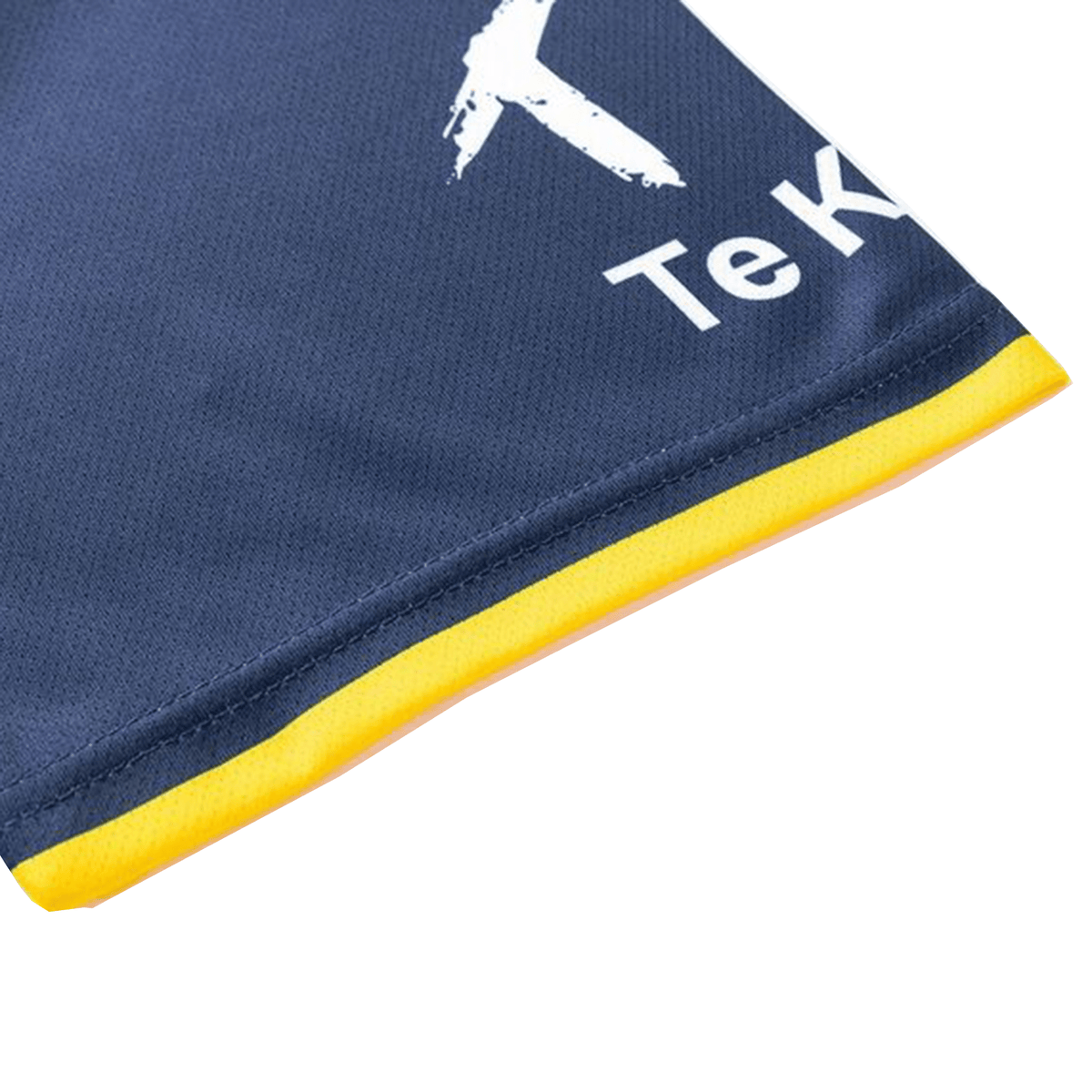 Close-up of a blue Highlanders Super Rugby Team Polo 25/26 by Classic Sportswear, featuring yellow trim and a partial white and yellow design. Made from moisture-wicking fabric.