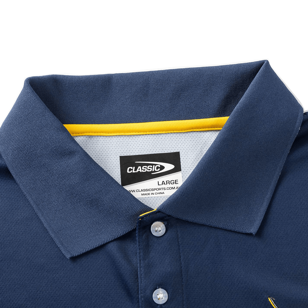 Close-up of the navy Highlanders Super Rugby Team Polo 25/26 by Classic Sportswear, featuring a yellow inner collar and a "Classic, Large" tag. Made with moisture-wicking fabric for ultimate comfort for fans.
