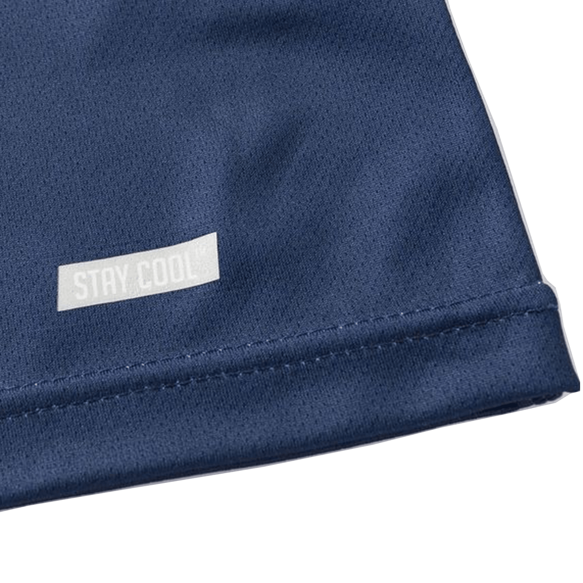 Close-up of the Highlanders Super Rugby Team Polo 25/26 by Classic Sportswear in navy blue, featuring moisture-wicking technology and a white "STAY COOL" tag stitched near the edge.