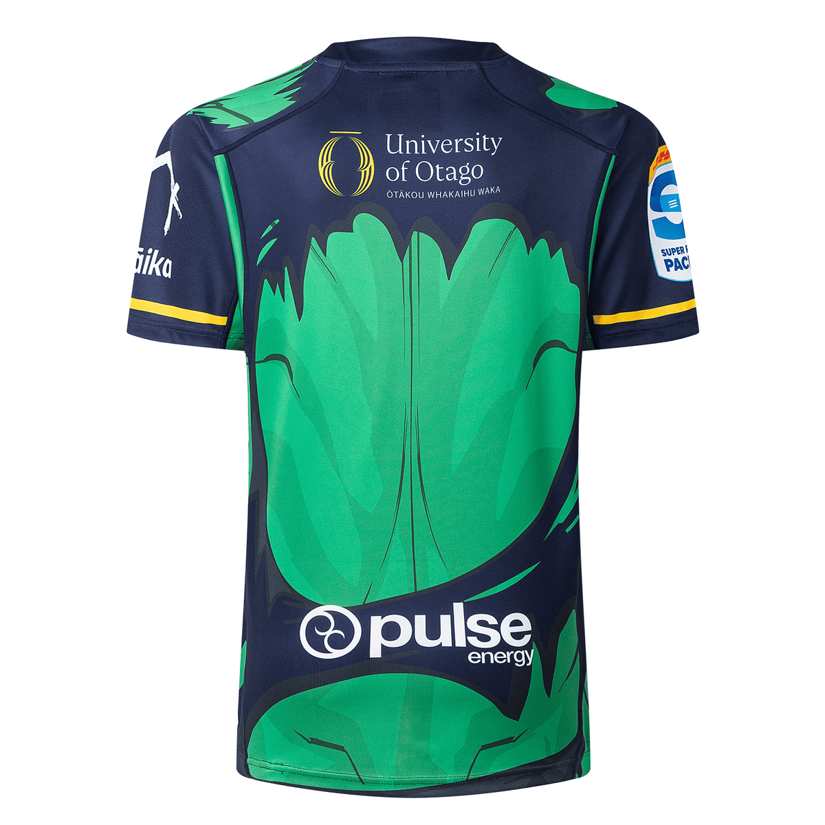 The Limited Edition Highlanders Super Rugby Marvel Collection Hulk Jersey by Classic Sportswear showcases the University of Otago logo, green leaf design, and Pulse Energy branding, embodying the Super Rugby spirit.