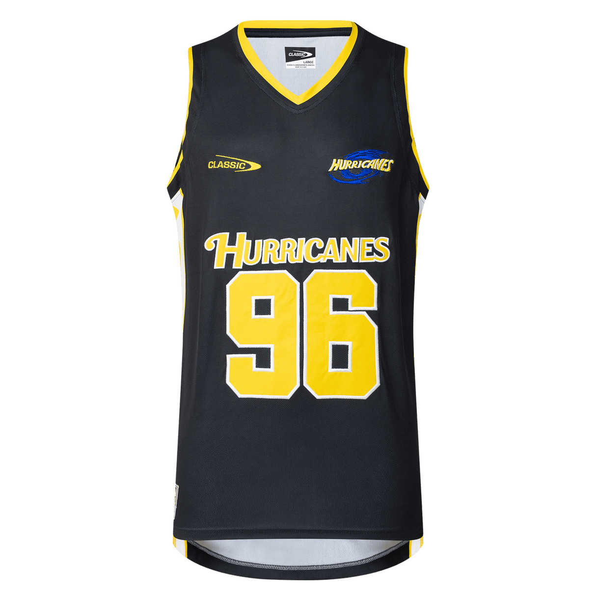 The Hurricanes Super Rugby 25/26 Supporters Basketball Singlet by Classic Sportswear features a black design with yellow trim, showcasing the number 96. Made from polyester performance fabric, it has "Hurricanes" printed above the number for a sporty touch.