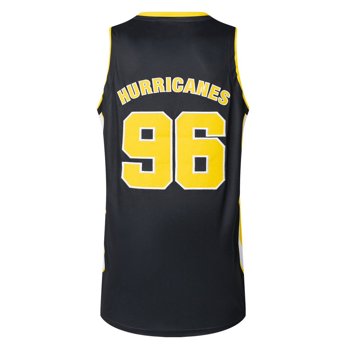 The back of the Hurricanes Super Rugby 25/26 Supporters Basketball Singlet by Classic Sportswear features "HURRICANES" and "96" in vibrant yellow on dark polyester performance fabric.