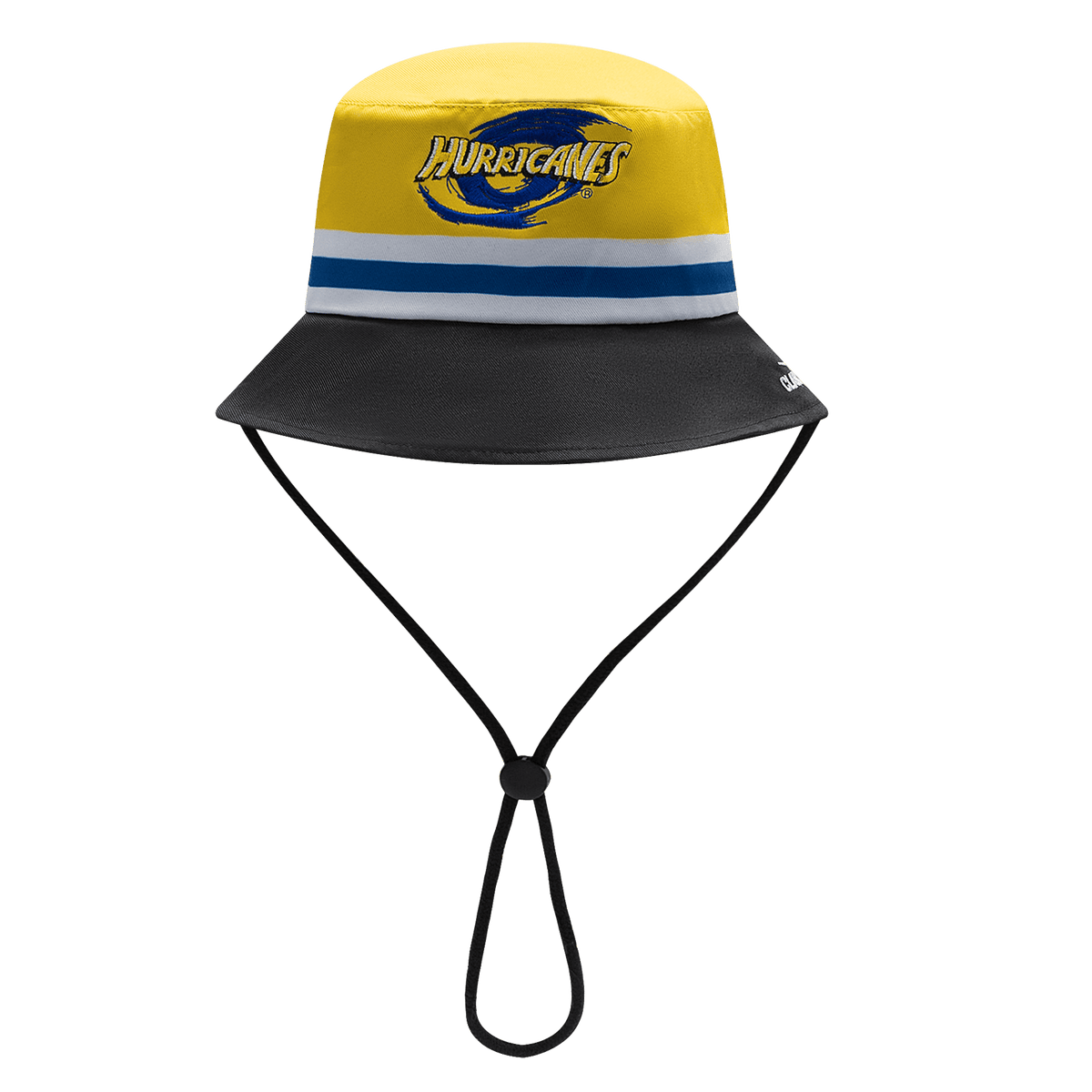 The Hurricanes Super Rugby 25/26 Supporters Bucket Hat by Classic Sportswear features a yellow and black design with a "Hurricanes" logo, blue and white stripe, and adjustable chin strap. A must-have for any Super Rugby enthusiast's collection.