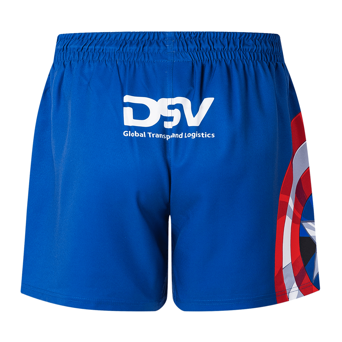 Limited Edition Captain America shorts by Classic Sportswear, part of the Hurricanes Super Rugby Marvel Collection, with a DSV Global Transport and Logistics logo on the back and a partial red, white, and blue shield resembling Captain America on the side. Perfect for fans seeking unique gear.